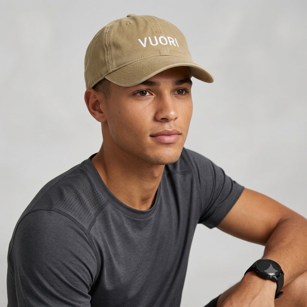 Vuori Hat Cap Tan Beige Unisex Embroidered Adjustable Trap Athleisure Minimalism